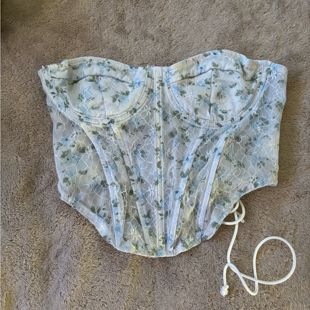 Floral Lace Bustier Corset - White and Green and blue